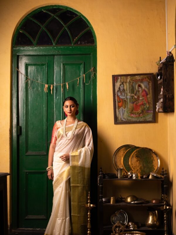 White & Green Contrast Pure Silk Kanjeevaram