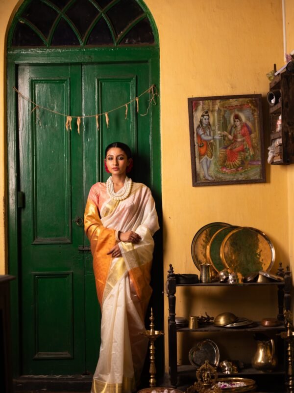 White & Yellow Contrast Pure Silk Kanjeevaram