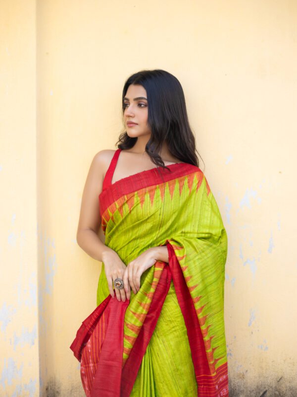 Pure Ghicha Tussar Fresh Leafy Green With Hot Red Temple Border With Sambalpuri Pallu