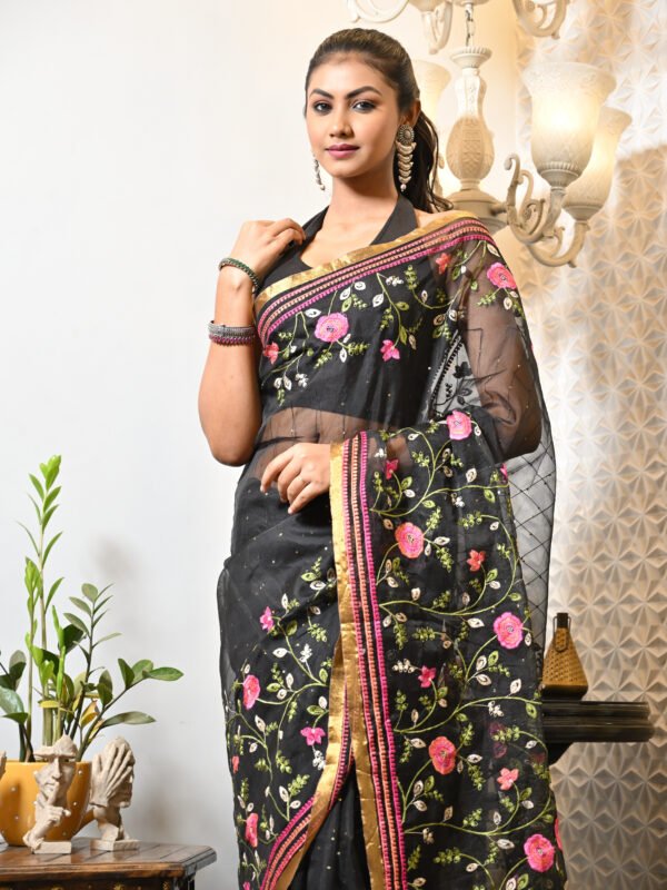 Pure Matka Black With Pink Green Floral Jaal Threadwork