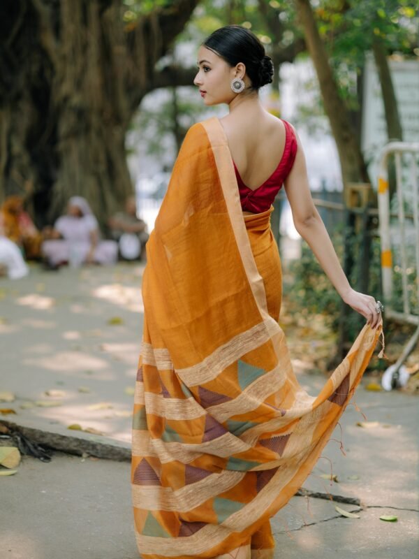 pure linen handloom with yellow ochre body in contrast beige border