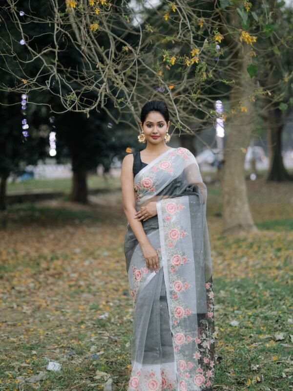 slate grey pure organza with floral embroidery border motif