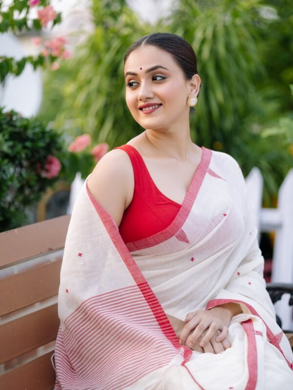 red & white  jamdani motif pure cotton handloom